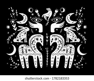 Modern bohemian style, folk tribal art in the Scandinavian style. Folk mythology, Swedish folklore. animals and plants.