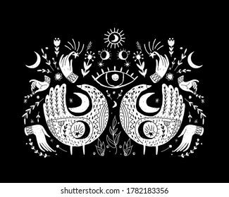 Modern bohemian style, folk tribal art in the Scandinavian style. Folk mythology, Swedish folklore. animals and plants.