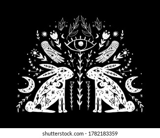 Modern bohemian style, folk tribal art in the Scandinavian style. Folk mythology, Swedish folklore. animals and plants.