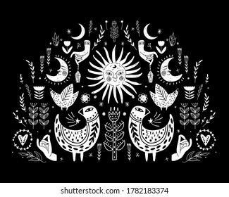 Modern bohemian style, folk tribal art in the Scandinavian style. Folk mythology, Swedish folklore. animals and plants.