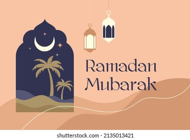 Modern bohemian style Ramadan Mubarak greeting card, banner with retro boho design, moon, mosque dome and lanterns 