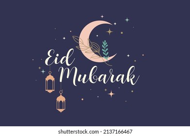 Modern bohemian style Ramadan Mubarak greeting card, banner with retro boho design, moon, mosque dome and lanterns 