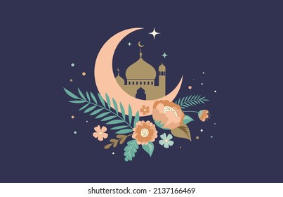 Modern bohemian style Ramadan Mubarak greeting card, banner with retro boho design, moon, mosque dome and lanterns 