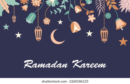 Modern bohemian style Ramadan Mubarak greeting card, banner with retro boho design, moon, mosque dome and lanterns