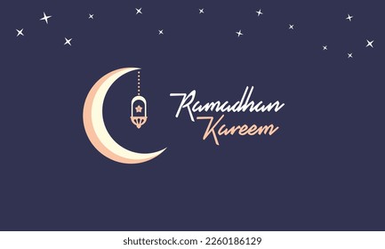 Modern bohemian style Ramadan Mubarak greeting card, banner with retro boho design, moon, mosque dome and lanterns