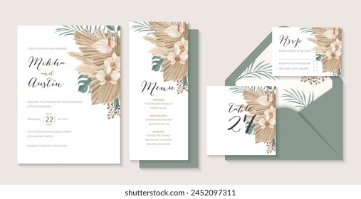 Modern bohemian tropical wedding invitations set with dried palm, pampas grass, monstera, calla lily and orchid	