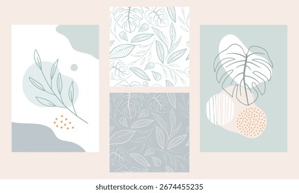 Moderne boho abstrakte Satz von minimalistischen Plakaten und nahtlose Muster, trendige weiche Töne, handzeichnende botanische Elemente, organische Formen, Punkte. Für Papier, Verpackungen, Stoffdrucke, Social Media Design