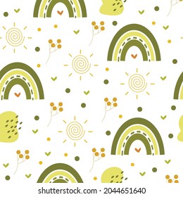 Modern boho chic seamless pattern with cloud and rainbow in the sky. Vector boho seamless repeating background, digital paper, fabric, wallpaper, stationery.