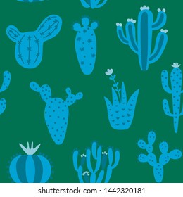 Modern boho design with cactuses. Bright seamless pattern with different desert plants. Blue and green creative textile in scandinavian style. Floral print for fabric, wrapping, wallpaper.