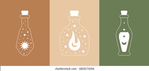 Modern boho doodle logos. Set of magic simple hand drawn icons with sun moon potion bottle. Abstract vector illustration