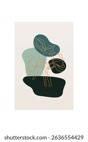Modern boho floral illustration featuring hand-drawn line art flowers over abstract organic shapes