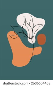 Modern boho floral illustration featuring hand-drawn line art flowers over abstract organic shapes