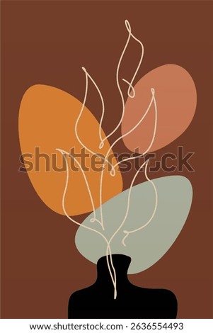 Modern boho floral illustration featuring hand-drawn line art flowers over abstract organic shapes