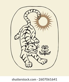 Modern boho hand drawn linear tiger with flower and abstract sun. Contemporary illustration in trendy bohemian style. Isolated vector tiger on a light background perfect for logo, card, print or web.