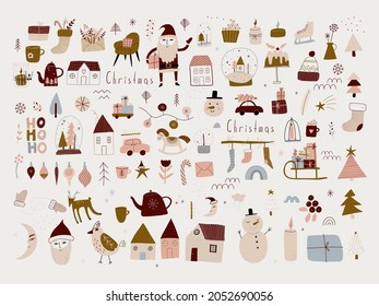 modern boho hygge minimalism. merry christmas and new year. winter stickers for design. vector set of christmas elements.