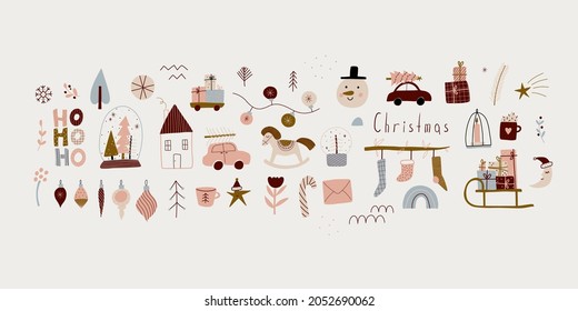 modern boho hygge minimalism. merry christmas and new year. winter stickers for design. vector set of christmas elements.