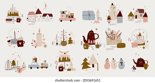 modern boho hygge minimalism. merry christmas and new year. winter stickers for design. vector set of christmas elements.