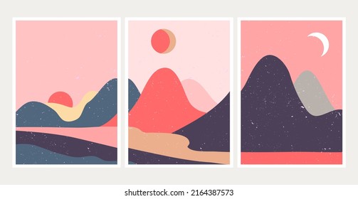 Modern Boho landscape depicting dawn, day, and dusk in pink and purple hues. This winter snowy scenery is presented in a triptych.