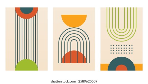Modern boho linear geometric shapes wall art background. Boho abstract geometric line art wall decor