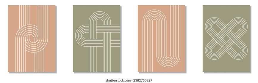 Modern boho minimalist art. Set of abstract posters with geometric shapes and zen arch.  Design for wall decor, cover, background, card, branding, wallpaper. Vector illustration.