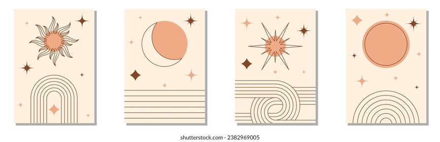 Modern boho minimalist art. Set of abstract posters with geometric shapes and zen arch. This versatile design can be employed for wall decor, covers, backgrounds, cards, branding. Vector illustration