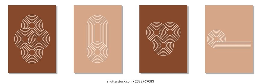 Modern boho minimalist art. Set of abstract posters with geometric shapes and zen arch.  Design for wall decor, cover, background, card, branding, wallpaper. Vector illustration.