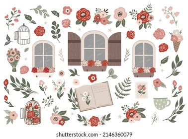 Modern boho natural planner sticker and clipart set, window with flowers spring illustration on white background. Trendy hand drawn  vector style romantic clipart with flowers, bouquets, book, floral