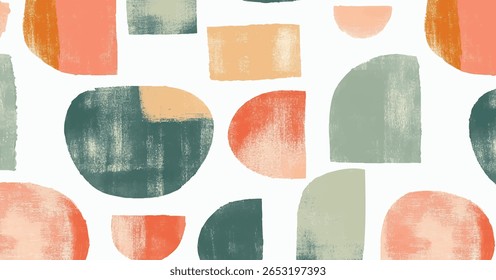 Modern Boho Pattern with Soft-Colored Geometric Shapes and Artistic Brush Strokes