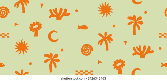 Modern boho seamless pattern, palm, sun, cactus and moon