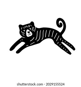 Modern boho single isolated black tiger in funky contemporary abstract collage memphis style. Christmas and New Year 2022 symbol. Vector illustration