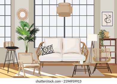 Modern boho style living room with furniture and decor - rattan sofa, chairs, coffee table, house plants . Trendy contemporary scandinavian interior design . Flat vector realistic illustration.