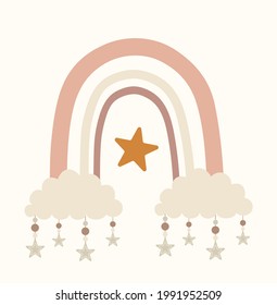 Modern boho style. Vector hand drawn boho clipart for nursery decoration with cute rainbows. Perfect for baby shower, birthday, children's party. Gender neutral Scandinavian nursery graphics.