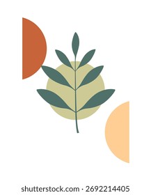 Un Vector boho moderno con una hoja botánica verde con Formas geométricas en tonos terracota, amarillo y olivo sobre un fondo blanco. Perfecto para el arte de la pared, carteles, impresiones, etc.