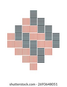 Modern boho vector with interlocking coral and dark green striped blocks forming a diamond shape. Minimalist geometric pattern perfect for backgrounds, textile prints, and digital design projects.