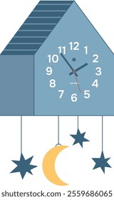 modern boho wall watches. contemporary time measuring device with half moon and stars isolated on transparent background. neat vector illustration of pendulum clock. nowadays interior design element.