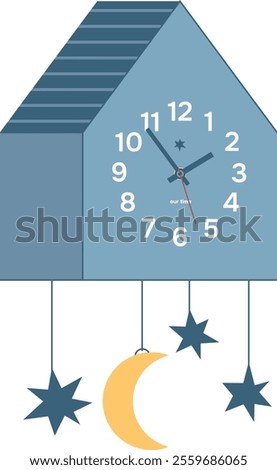 modern boho wall watches. contemporary time measuring device with half moon and stars isolated on transparent background. neat vector illustration of pendulum clock. nowadays interior design element.