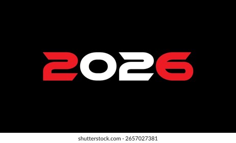 Modern Bold 2026 Typography Design with Red and White Numbers on Black Background – Futuristic New Year Graphic for Branding, Tech, and Event Promotion