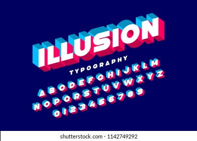 Modern bold 3d font Illusion, alphabet letters and numbers, vector illustration
