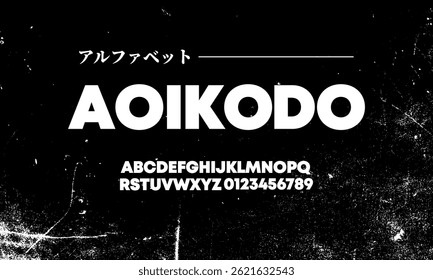 Ein modernes, kräftiges Alphabet mit einzigartiger Schriftart auf schwarzem Hintergrund, japanische Schriftart, Vektorgrafik