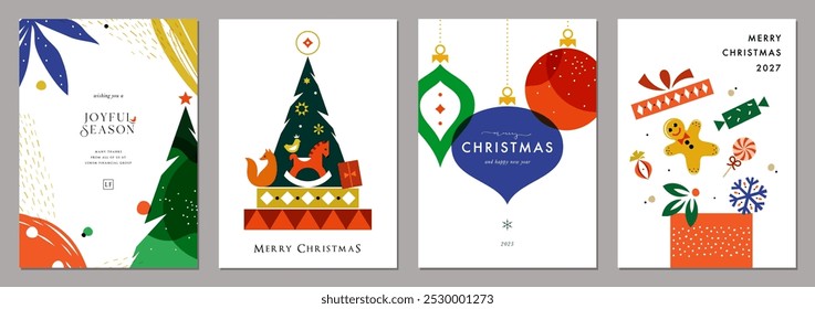 Modern bold and bright Christmas cards. Christmas tree, gift box, Christmas ornaments. For graphic and web design, social media banner.