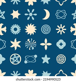 Modern bold brutalist sun and stars seamless pattern. Perfect abstract print for tee, textile and fabric. Geometric vector illustration for decor and design.


