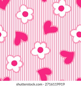 Modern bold floral seamless pattern with hearts and vertical stripes in vibrant pink and off-white