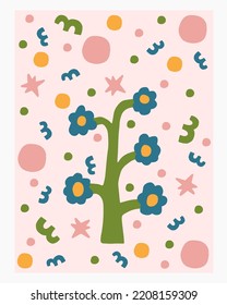 Modern bold flower abstract poster. Vector botanical illustration in doodle style. Perfect for kids wall art, posters, prints and other.