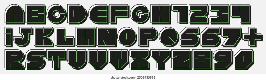 A modern bold font with a green outline in a geometric brutalist style, including uppercase letters and numbers. Modern Latin alphabet. Perfect for logos, headlines, and creative graphic design.