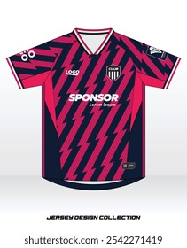 Um moderno e arrojado design de camisa de futebol com um padrão de raio dinâmico em cores rosa e azul escuro contrastantes. Este modelo de vetor é ideal para roupas esportivas personalizadas, uniformes de equipe ou camisa