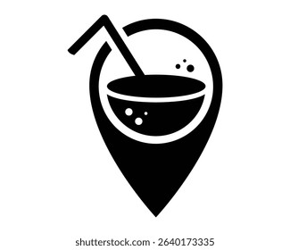 Modern, bold icon of a drink with a straw inside a map marker, suggesting a vacation destination, favorite bar location or refreshing find.  Clean vector design. Versatile use.