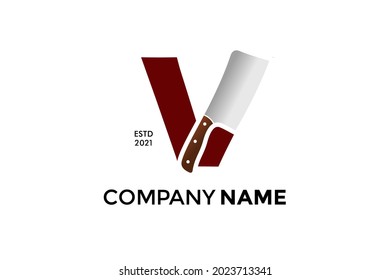 Modernes und kühnes Logo-Design Initial V kombiniert mit Küchenmesser. Das Logo kann auch in kleiner und schwarz-weißer Farbe funktionieren.