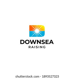 Modern and bold logo about letter D, sunrise and ocean on white background.
EPS10, Vector.