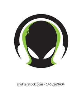 A modern and bold minimalist logo featuring an alien head wearing sleek headphones. The design uses a striking black and lime green color palette with a circular framing, symbolizing high-tech music, electronic dance music (EDM), and digital streaming. This iconic mascot is ideal for DJs, gaming channels, podcast avatars, and creative audio brands.
