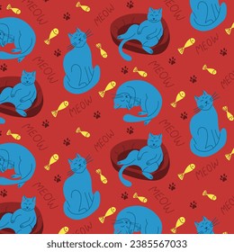 Modern bold puffy cat and fish seamless pattern. Hand drawn lying cats in flat minimalistic style. Trendy kids pattern design for textile, wrapping, decoration